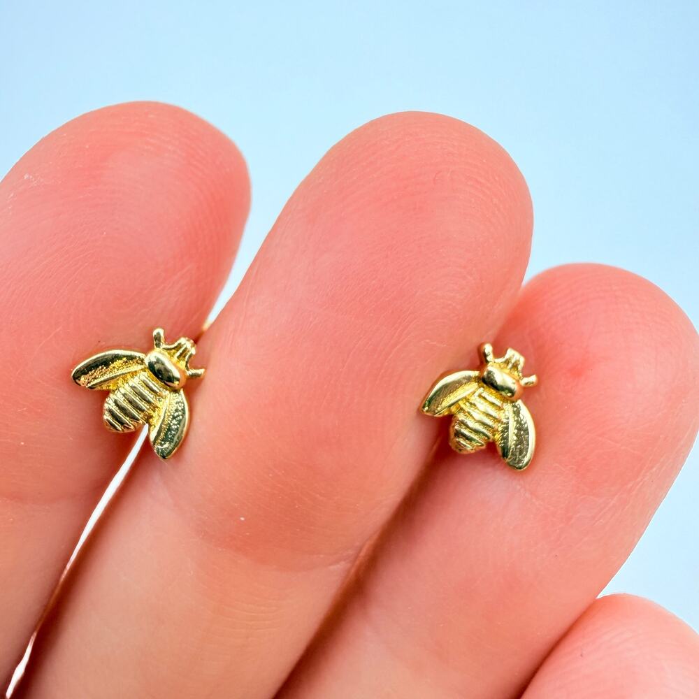 10K Gold Over 925 Sterling Silver Tiny Bee Stud Earrings Figural NWOT